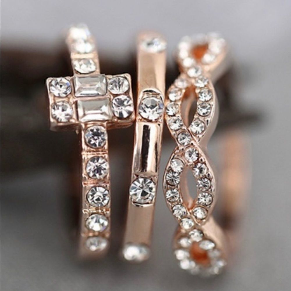 3pc ROSE GOLD PLATED Stackable Crystal Ring Set - Picture 5 of 6
